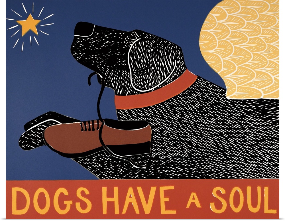 Illustration of a black lab with angel wings flying towards a star and carrying a loafer in its mouth with the phrase "Dog...