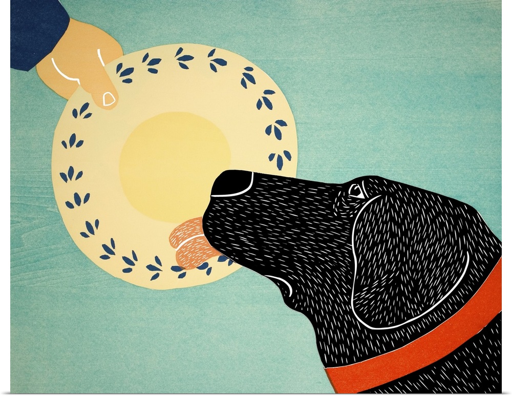 Illustration of a black lab licking a dinner plate clean.