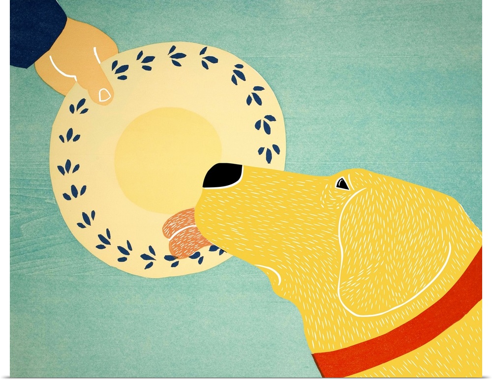 Illustration of a yellow lab licking a dinner plate clean.