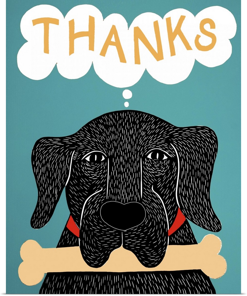 Illustration of a black lab with a bone in its mouth and a though bubble above its head that reads "Thanks"