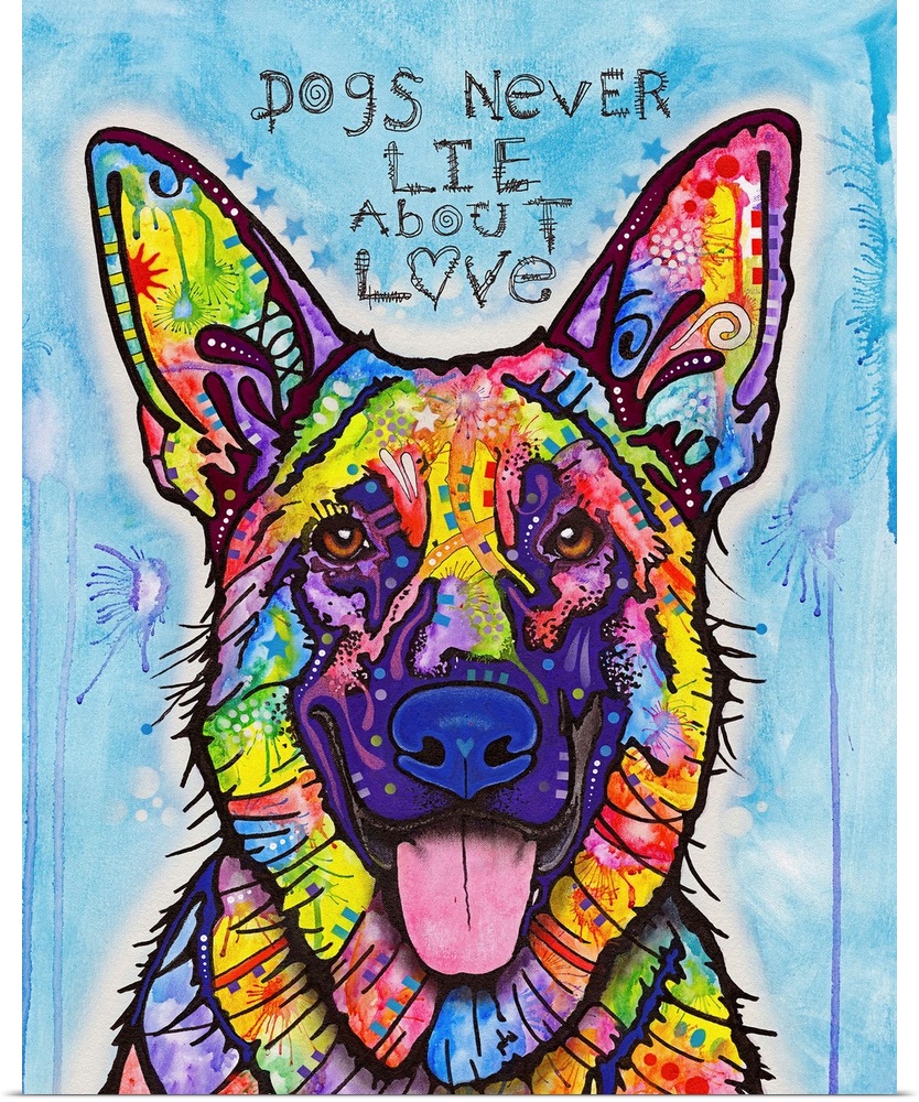 "Dogs Never Lie About Love" handwritten above a colorful painting of a Belgian Sheepdog on a blue background with purple p...