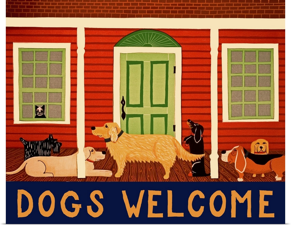 Illustration of various breeds of dogs hanging out on the front porch of a red house with a cat in the window and the phra...