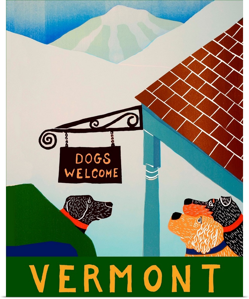 Illustration of dogs outside of a building in Vermont on a snowy day looking up at a sign that reads "Dogs Welcome"