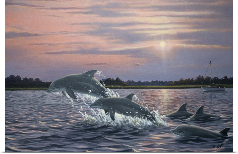 Contemporary artwork of dolphins breaching and leaping out of the water.