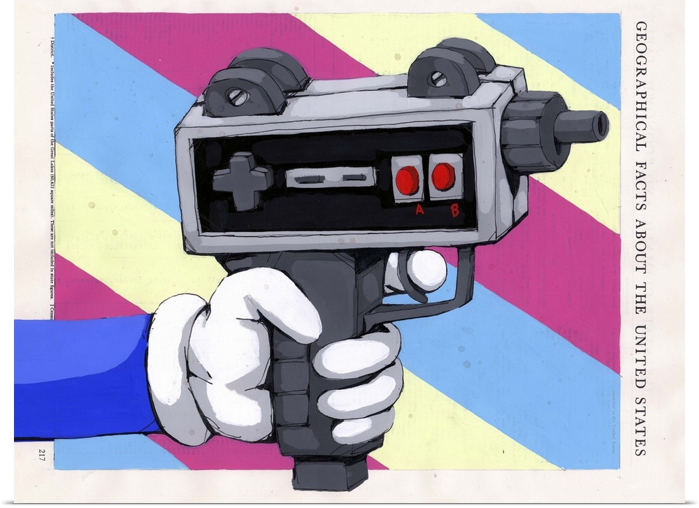 Pop art painting of a cartoon hand holding a gun which appears to be made of a video game controller.