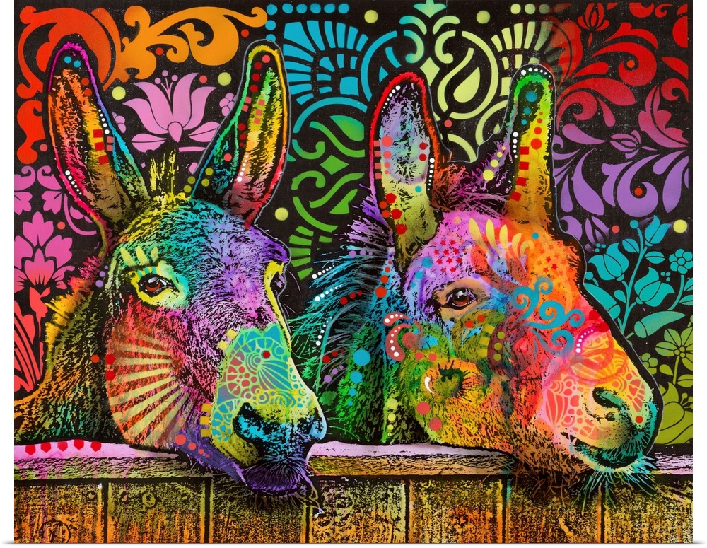 Vibrant painting of two donkeys with their heads over a fence and abstract designs all over them and the background.