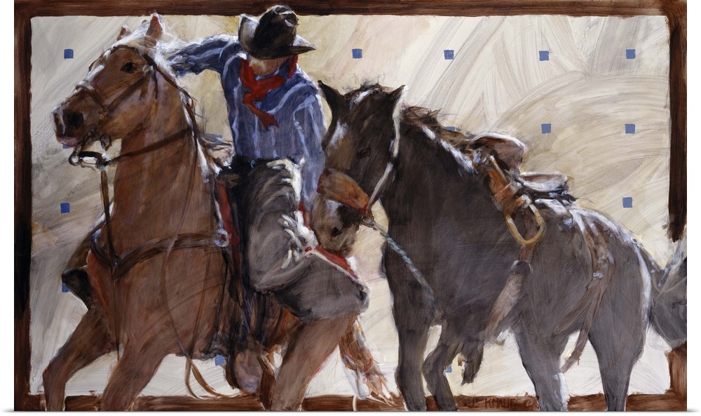 Contemporary western theme painting of a cowboy on horseback, lassoing another horse.