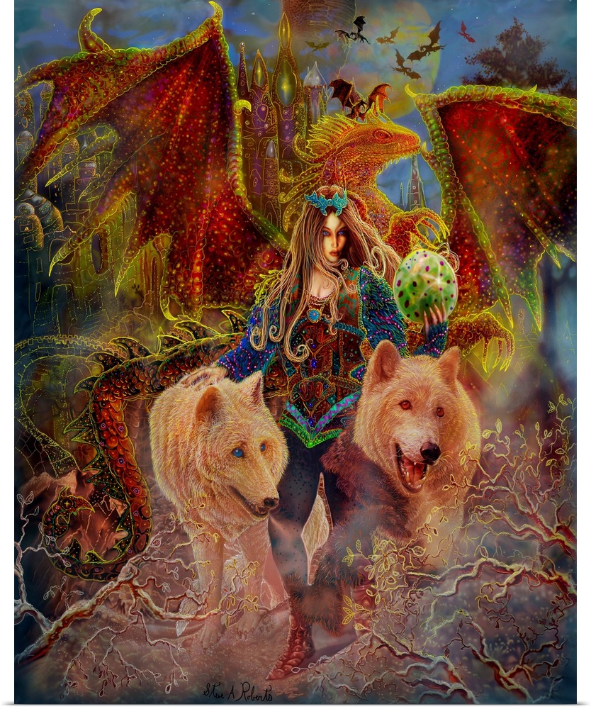 Princess holding a Dragons egg, with wolves on either side, dragons in the background.