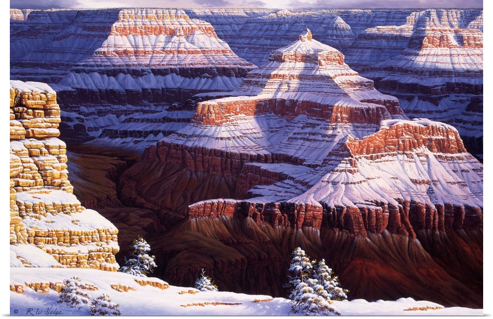 Contemporary landscape painting of the Grand Canyon in the winter under a fresh snowfall.