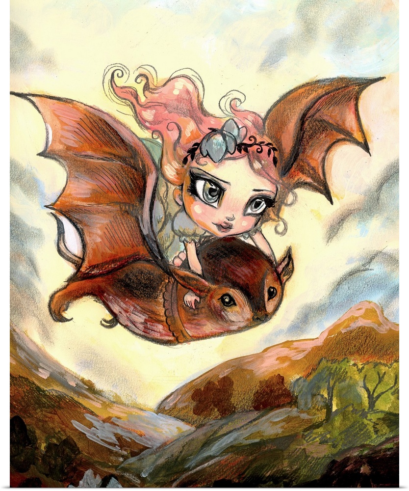 Fantasy painting of a woman riding a bat through the valley.