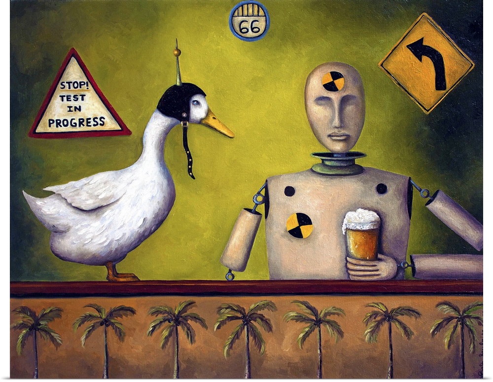 Surrealist painting of a crash test dummy sitting at a bar drinking.