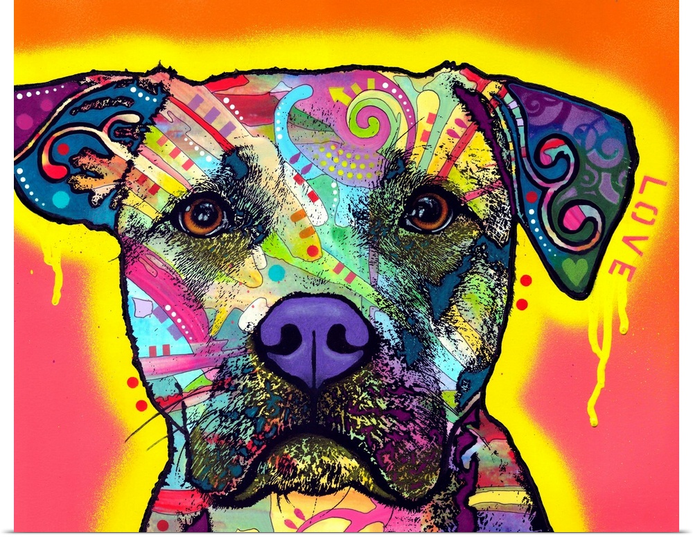Vibrant painting of a dog with abstract designs and a yellow outline with paint dripping on an orange and pink background.