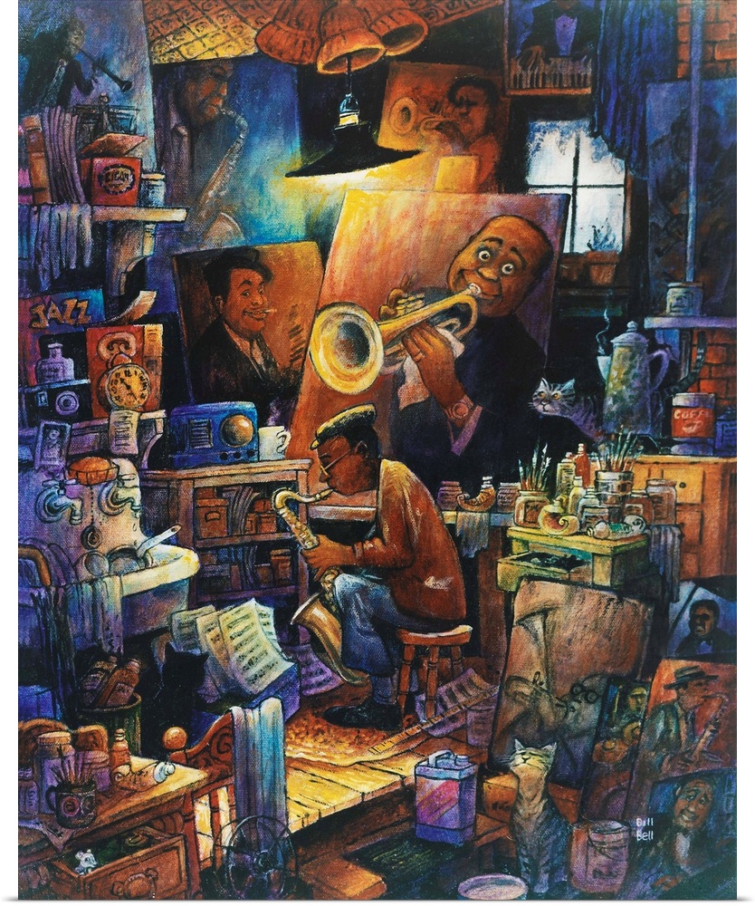 Man with sax plays in front of a painting of Louis Armstrong.