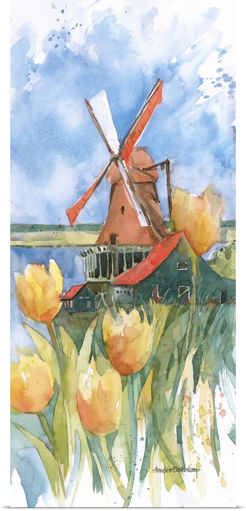 Contemporary watercolor painting of flowers, with a windmill in the background.