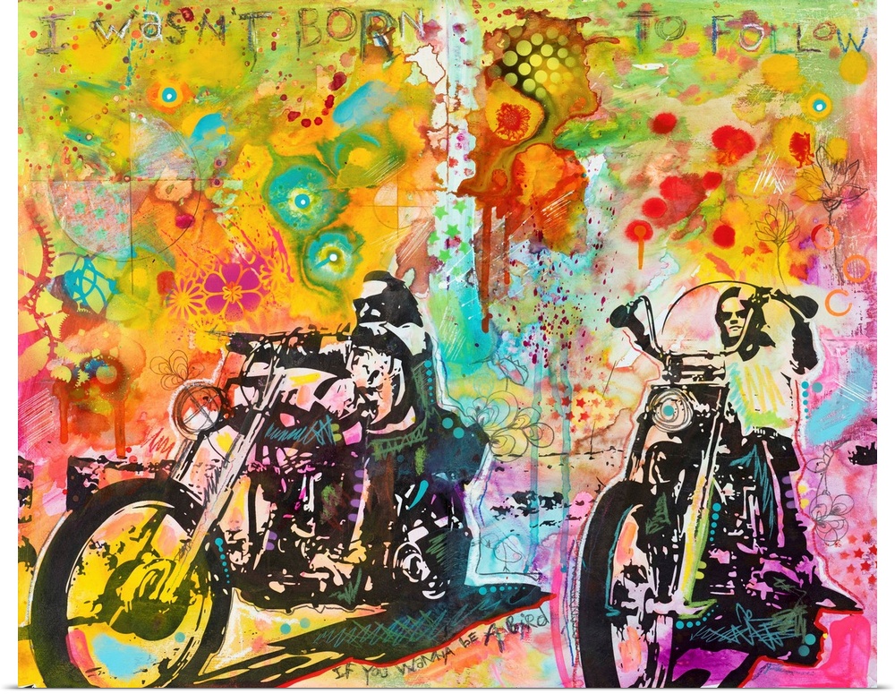 "I Wasn't Born To Follow" hand etched at the top of a colorful illustration of Dennis Hopper and Peter Fonda riding motorc...