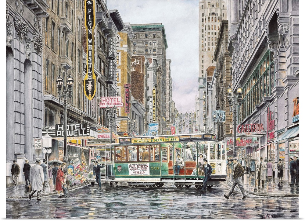 Contemporary painting of a bustling city street.