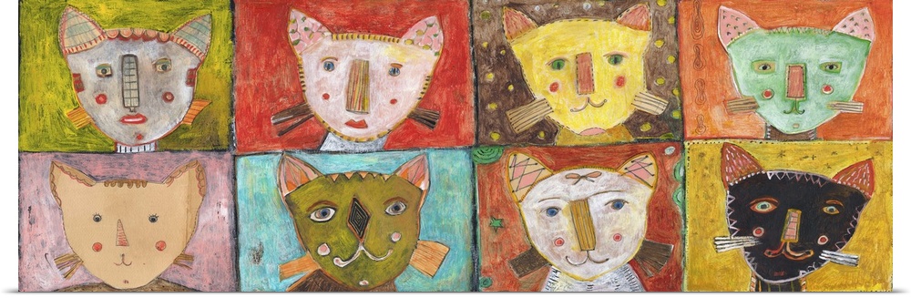 Lighthearted contemporary painting of eight cats faces.