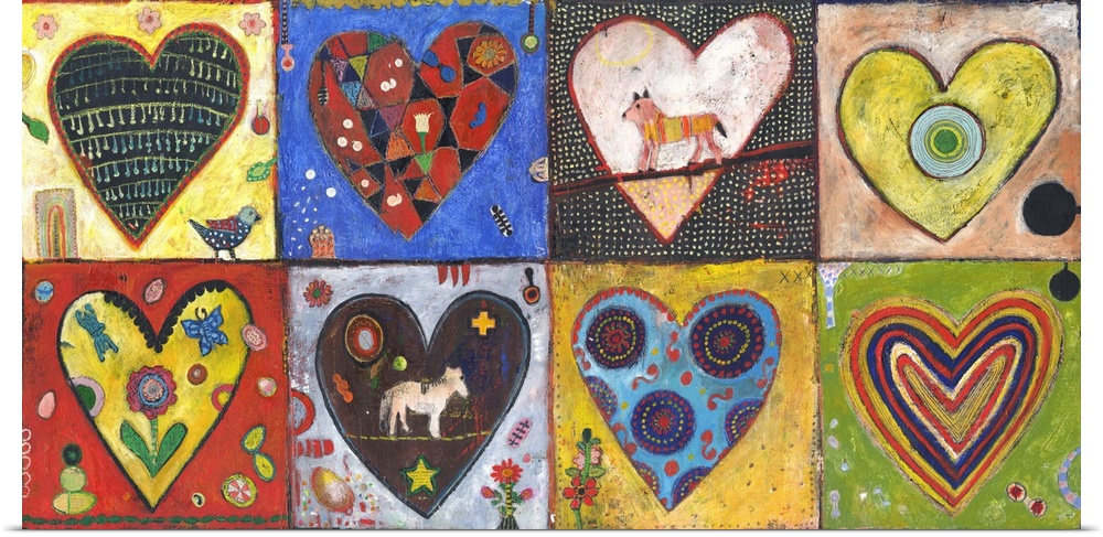 Lighthearted contemporary painting of eight hearts against colorful backgrounds.