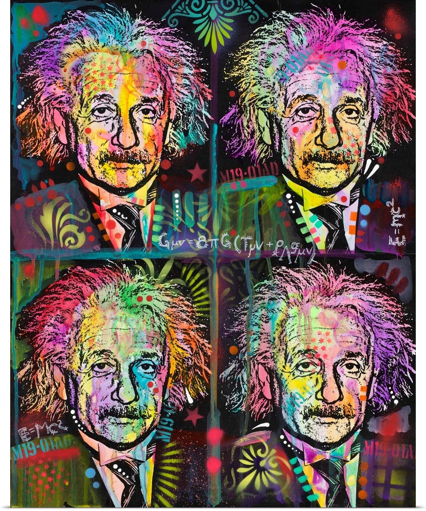 Graffiti styled painting of 4 Albert Einsteins in rows with colorful abstract designs all over.