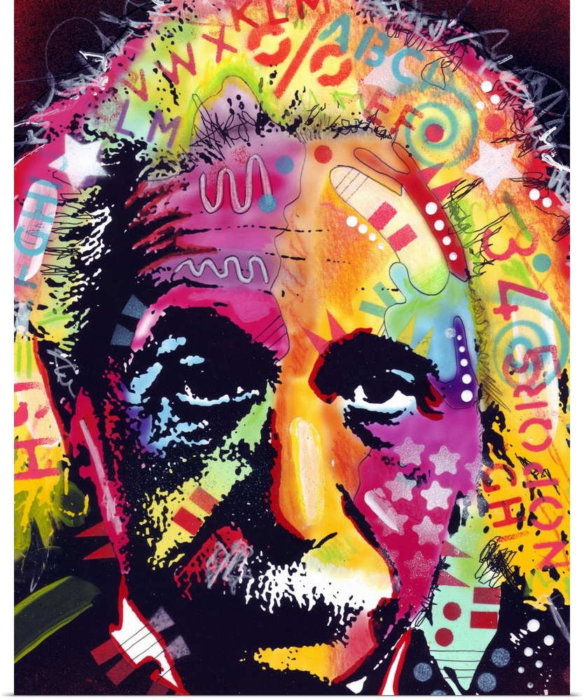 Contemporary artwork of Albert Einstein that uses colorful designs to fill in his face and hair.