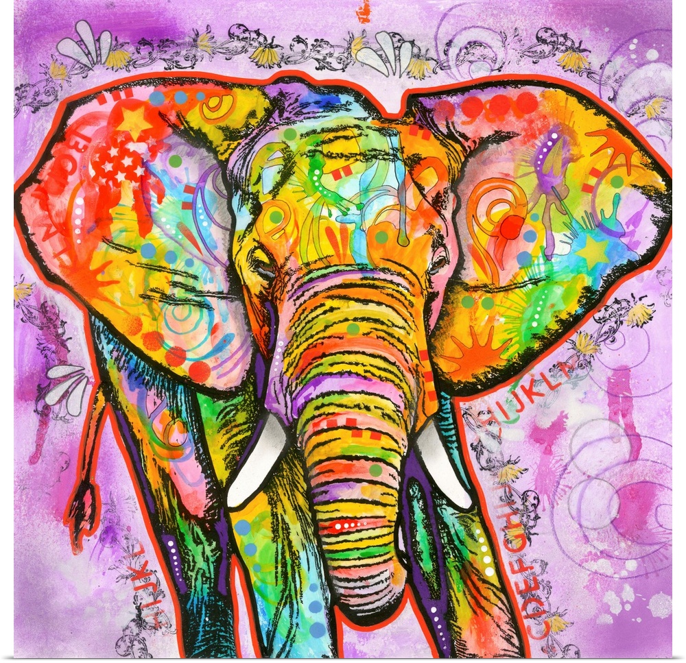 Square painting of a colorful elephant with abstract markings on a busy purple background.