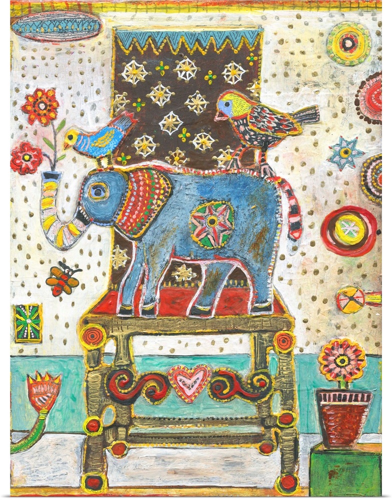 Lighthearted contemporary painting of a blue elephant standing on a blue chair.