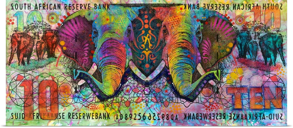 Colorful illustrations of elephants on a $10 bill marked "South African Reserve Bank" with abstract designs all over.