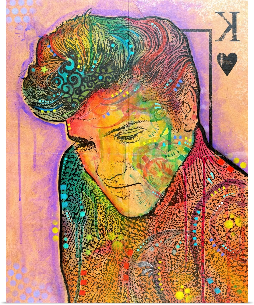 Pop art style illustration of Elvis on the King of Hearts playing card with various colors and designs.