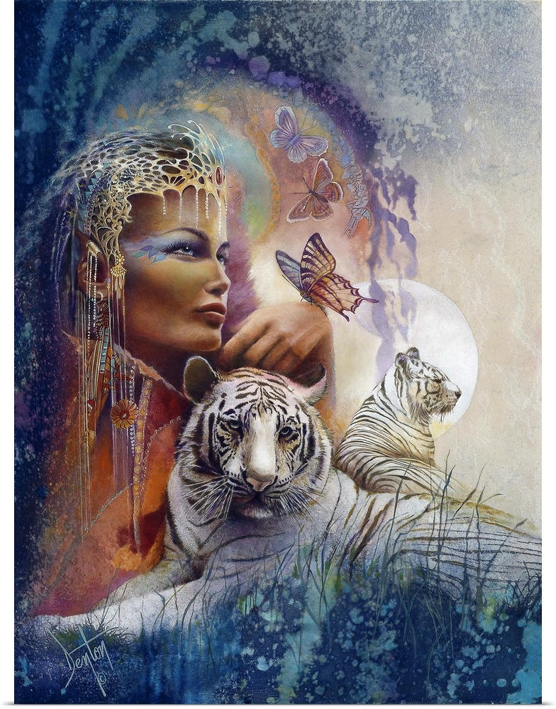 A contemporary painting of a woman wearing a golden headdress with dangling beads from the sides with white tigers loungin...