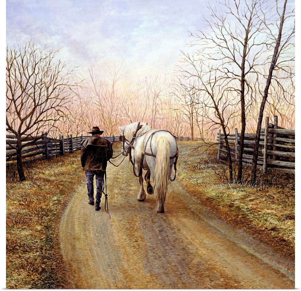 Contemporary painting of a man walking his horse home on a dirt path.