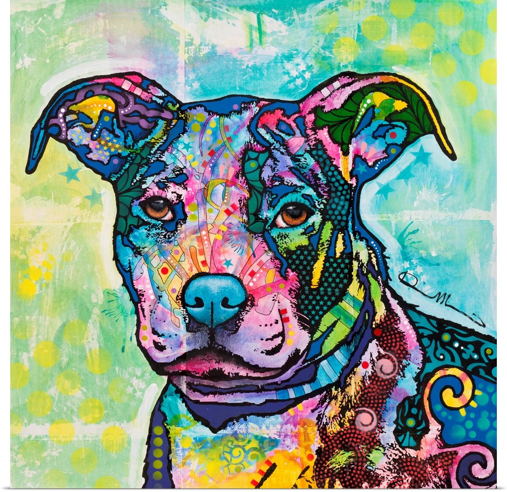 Square art with an illustration of a pit bull with colorful abstract designs all over.