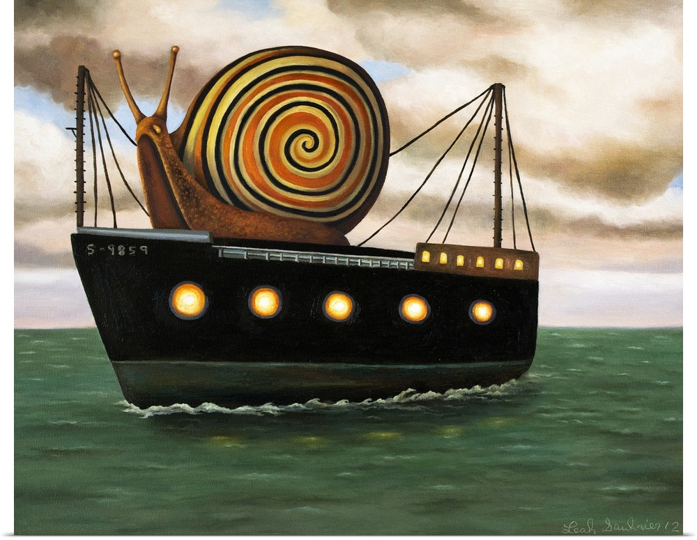 Surrealist painting of a giant snail riding a cargo ship.