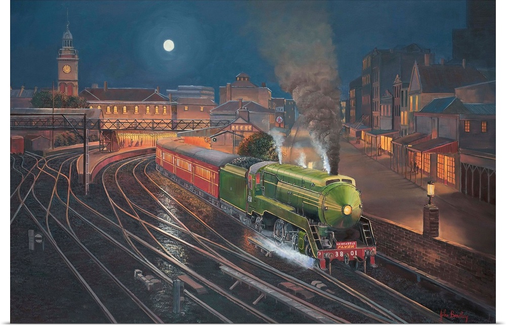 Contemporary painting of a train leaving the station at night.