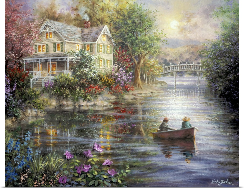 Painting of riverside scene featuring houses with glowing windows. Product is a painting reproduction only, and does not c...