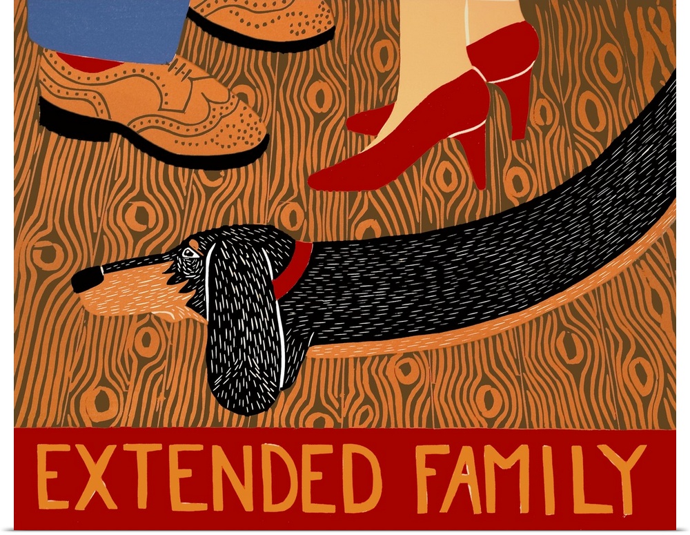 Illustration of a long dachshund at its owners feet and the phrase "Extended Family" written at the bottom.