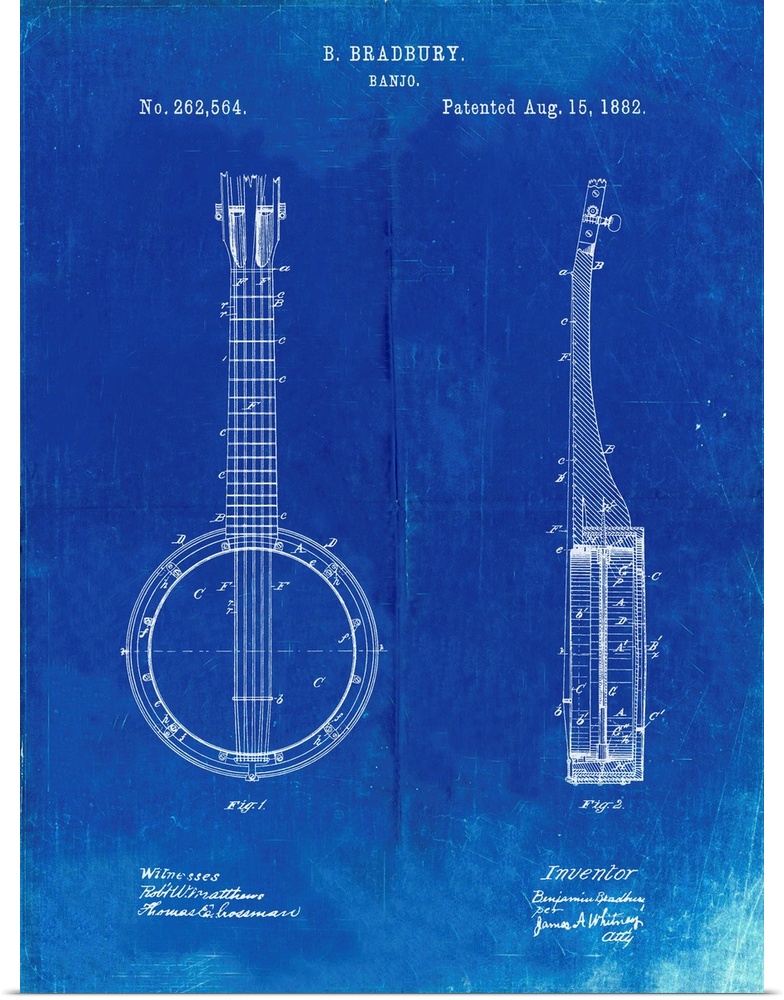Faded Blueprint Banjo Mandolin Patent Poster
