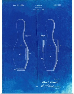 Faded Blueprint Bowling Pin 1938 Patent Poster