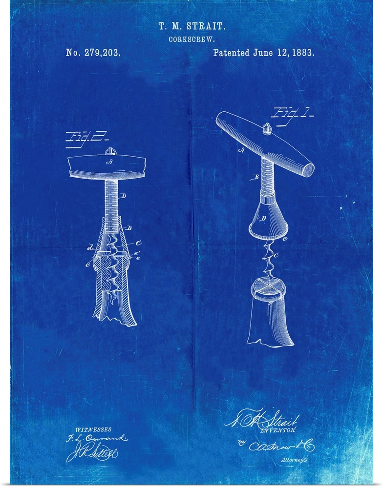 Faded Blueprint Corkscrew 1883 Patent Poster