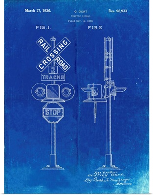 Faded Blueprint Railroad Crossing Signal Patent Poster