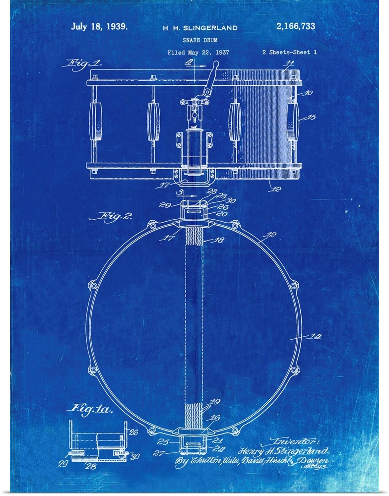 Faded Blueprint Slingerland Snare Drum Patent Poster
