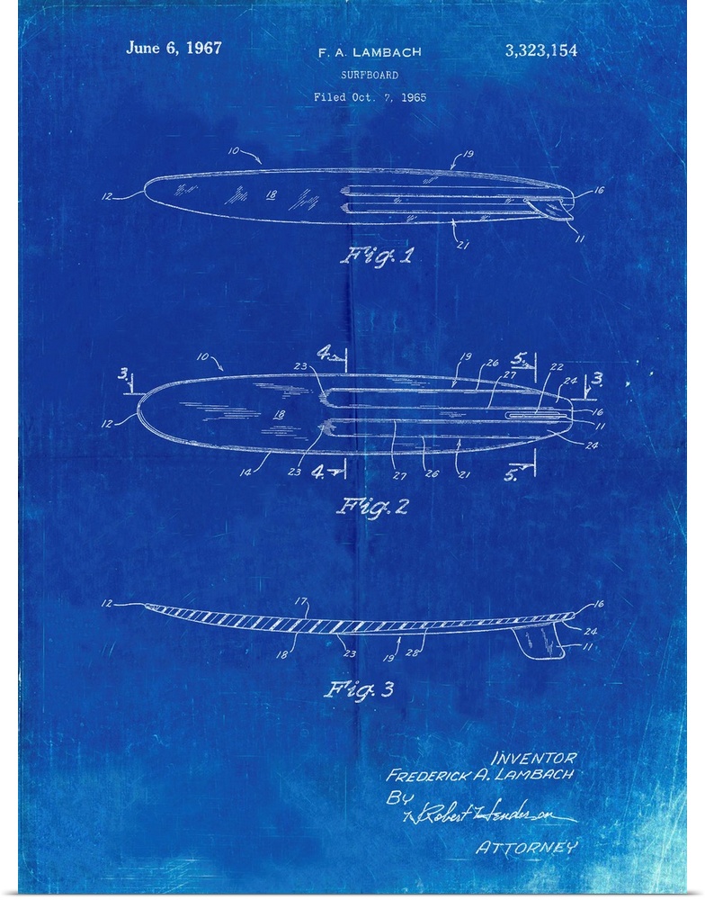 Faded Blueprint Surfboard 1965 Patent Poster