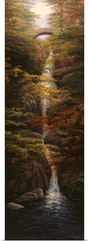 Contemporary artwork of a long waterfall in autumn woods.