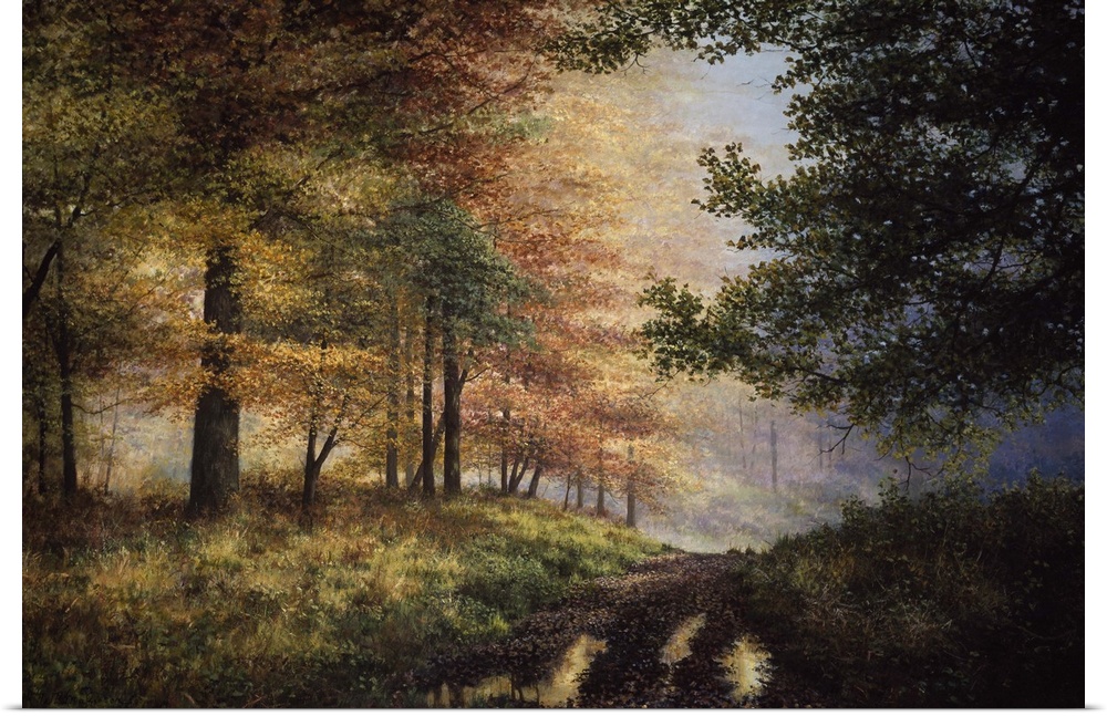 Contemporary artwork of a path in an autumn forest.