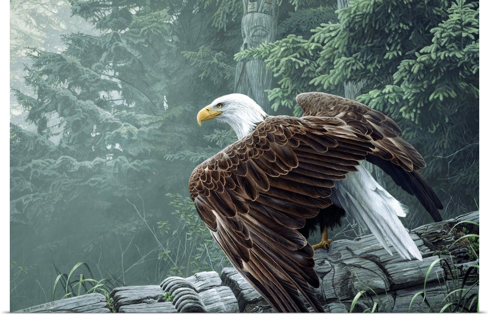 An eagle perched on a totem pole that has fallen over.