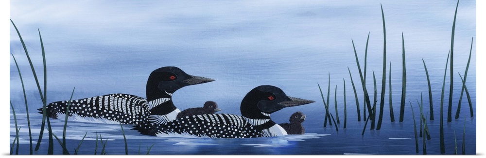 Painting of a loon family floating along in the water.