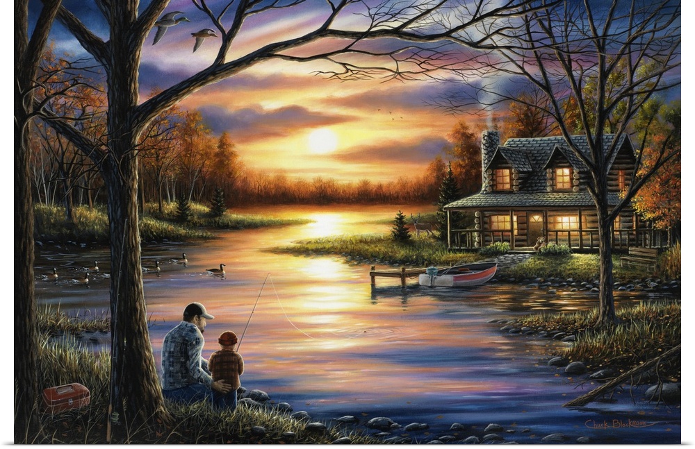 Contemporary landscape painting of a father and sun fishing at sunset with a cabin in the background.