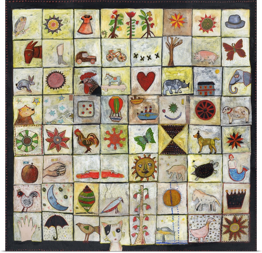 Lighthearted contemporary painting of a patchwork of different images compiled together.