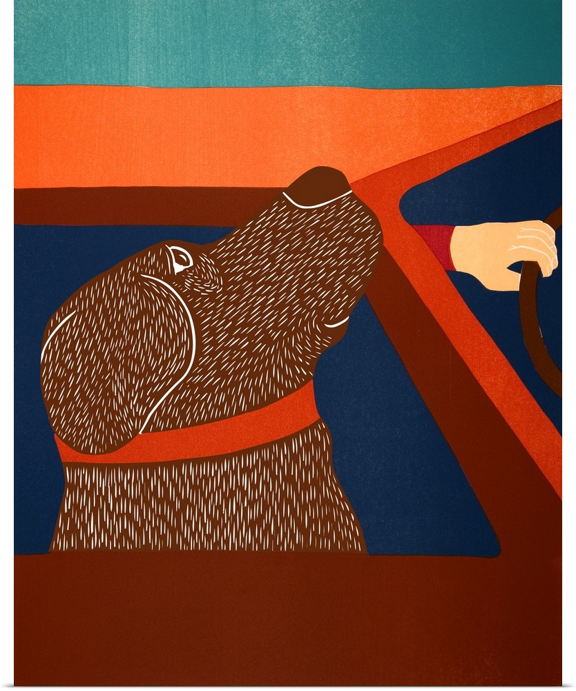 Illustration of a chocolate lab riding in a car with its head out of the window.