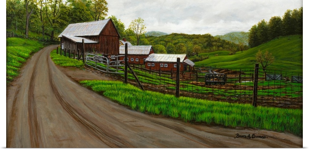 Contemporary painting of a dirt road leading to a barn
