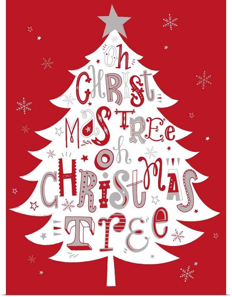 Holiday themed typography art with festive lettering against a red background.
